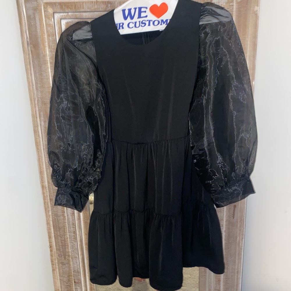 Black Boutique Dress with Mesh Puff Sleeves